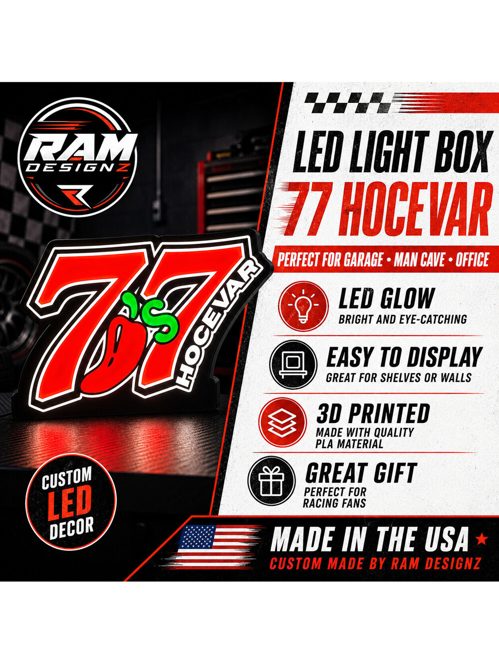 77 Hocevar Inspired LED Light Box Racing Decor 3D Printed Man Cave Sign